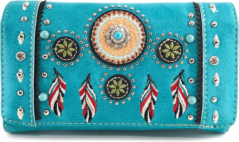 Zelris Store Tribal Native Dream Catcher Feather Concho Embroidered Crossbody Fold Wallet - Image 1