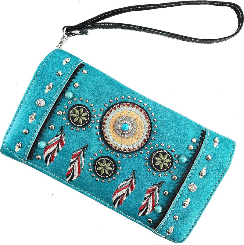 Zelris Store Tribal Native Dream Catcher Feather Concho Embroidered Crossbody Fold Wallet - Image 2