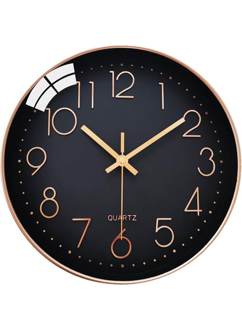 Decorhills Modern Quartz Silent Wall Clock, Non-Ticking Round Wall Clock with Arabic Numerals, 3D Stereo Numbers, Rose-Gold Metal Hands, Anti-Fog Glass – Ideal for Living Room, Bedroom, Office – Black - Image 1