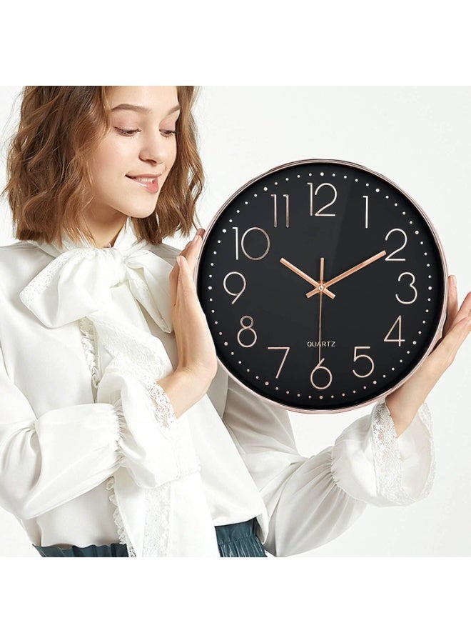 Decorhills Modern Quartz Silent Wall Clock, Non-Ticking Round Wall Clock with Arabic Numerals, 3D Stereo Numbers, Rose-Gold Metal Hands, Anti-Fog Glass – Ideal for Living Room, Bedroom, Office – Black - Image 2
