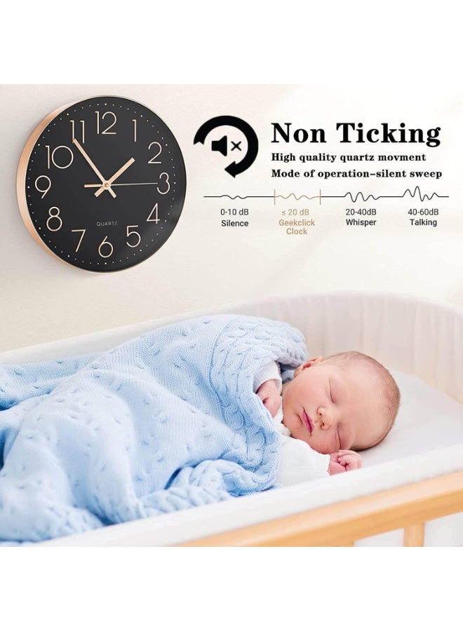 Decorhills Modern Quartz Silent Wall Clock, Non-Ticking Round Wall Clock with Arabic Numerals, 3D Stereo Numbers, Rose-Gold Metal Hands, Anti-Fog Glass – Ideal for Living Room, Bedroom, Office – Black - Image 4