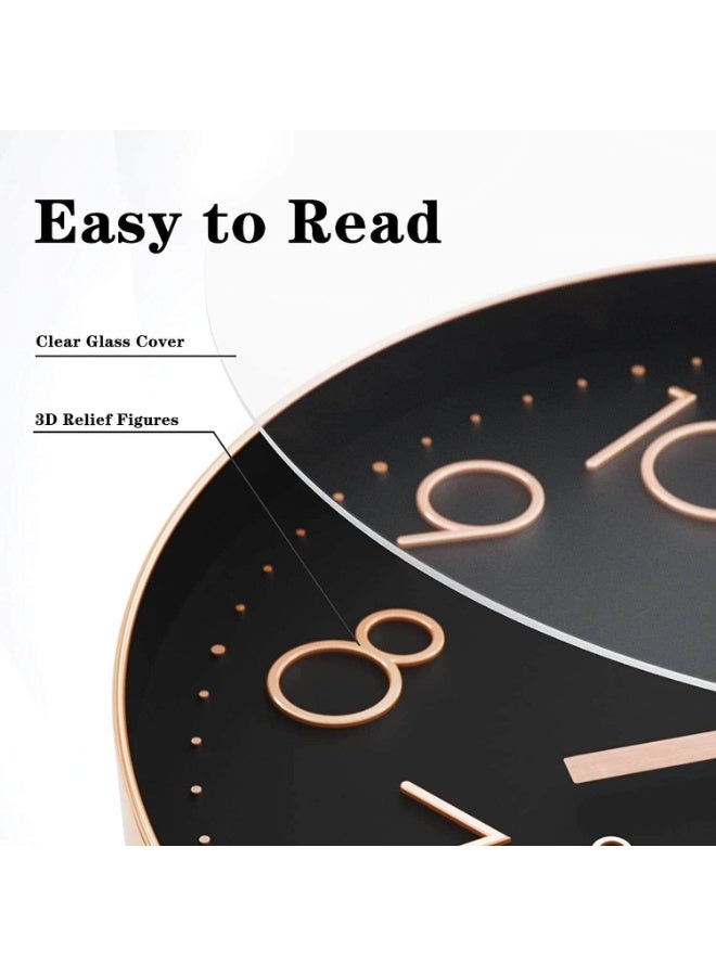 Decorhills Modern Quartz Silent Wall Clock, Non-Ticking Round Wall Clock with Arabic Numerals, 3D Stereo Numbers, Rose-Gold Metal Hands, Anti-Fog Glass – Ideal for Living Room, Bedroom, Office – Black - Image 5