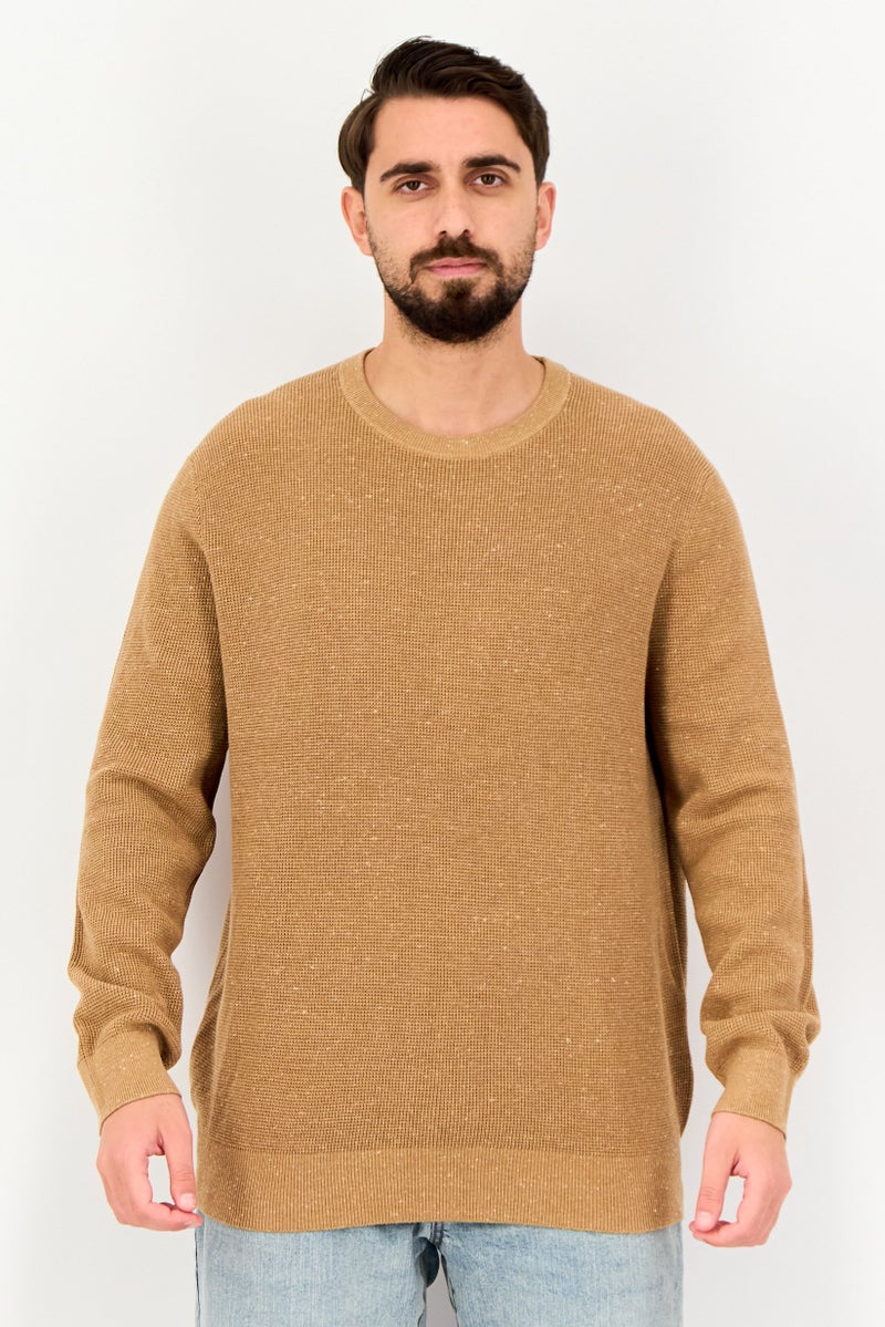 Celio Men Crew Neck Textured Long Sleeve Sweater, Brown - Image 1