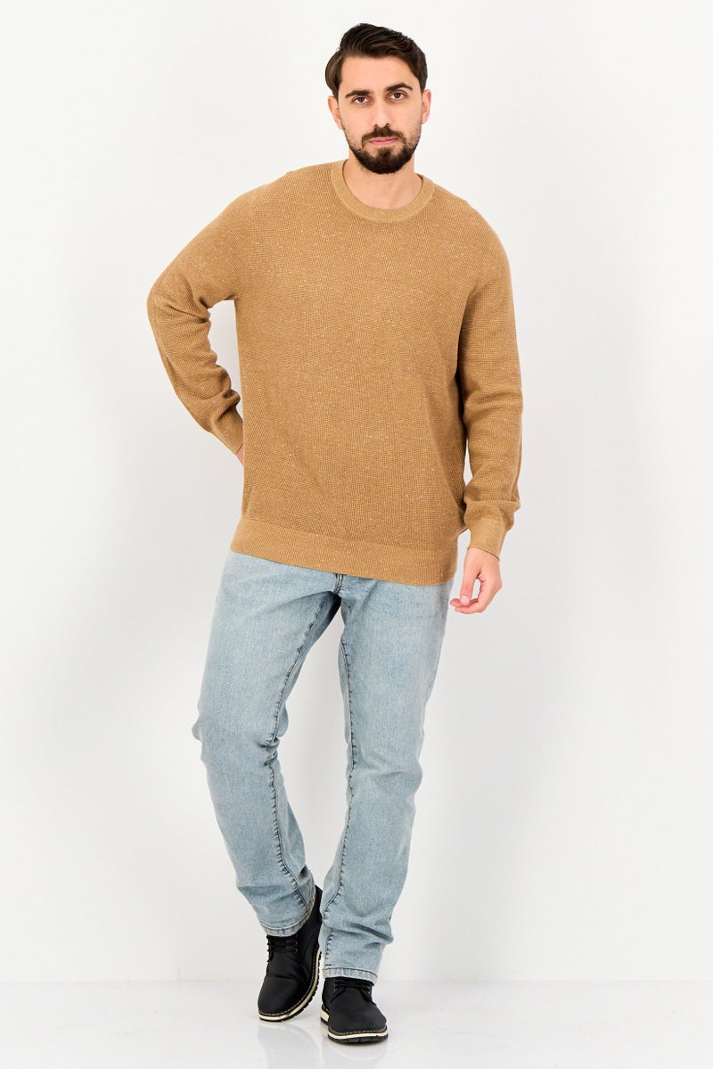 Celio Men Crew Neck Textured Long Sleeve Sweater, Brown - Image 3