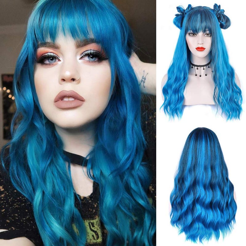 ENTRANCED STYLES Blue Wig with Bangs Long Wavy Blue Wig with Air Bangs Synthetic Wigs for Women Curly Wigs for Daily Party Cosplay 24 inch