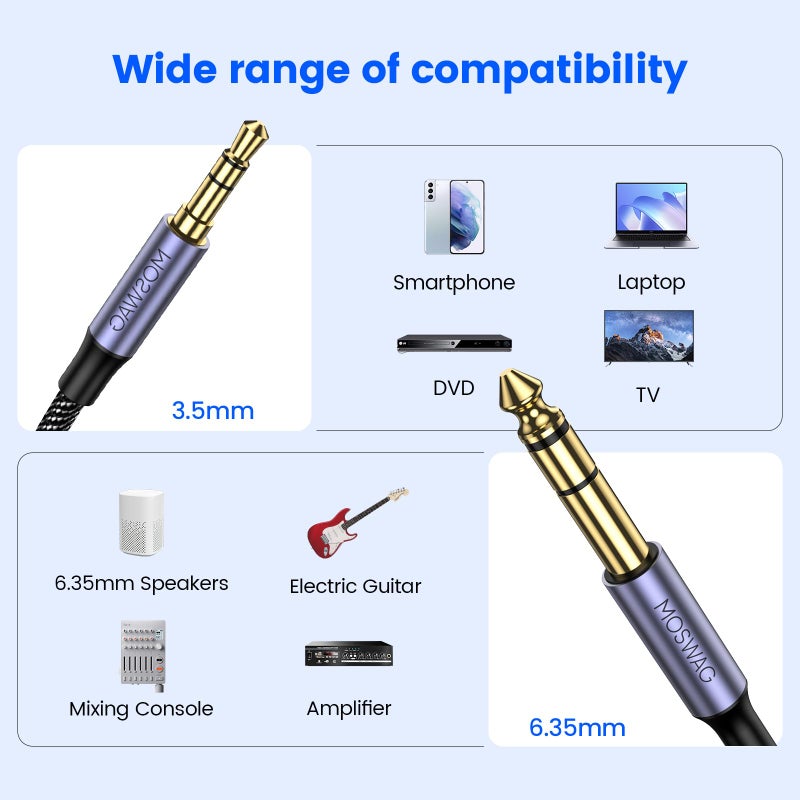 MOSWAG 6.35mm to 3.5mm Headphone Cable,1/4 to 1/8 Headphone Adapter TRS Stereo Audio Alloy Housing and Nylon Braid Compatible with Guitar,Piano,Amplifiers,Mixing Console - Image 2
