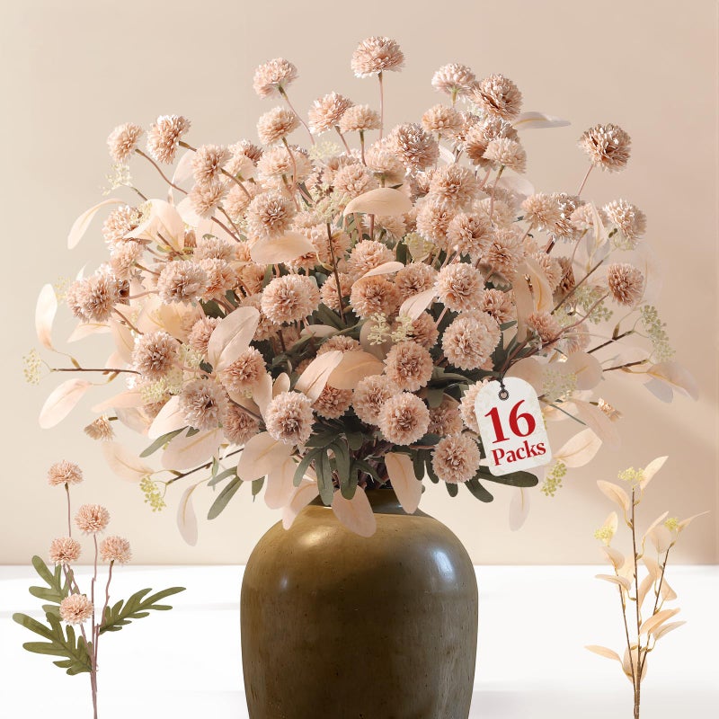 Alupssuc 16PCS Faux Silk Pompon Mums Artificial Flowers with Eucalyptus, Fake Chrysanthemum Floral for DIY Vase Arrangement, Long Stem Dining Table Centerpiece Home Decor, Beige - Image 1