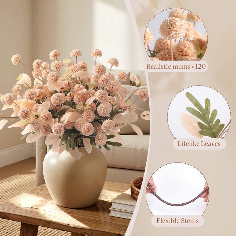Alupssuc 16PCS Faux Silk Pompon Mums Artificial Flowers with Eucalyptus, Fake Chrysanthemum Floral for DIY Vase Arrangement, Long Stem Dining Table Centerpiece Home Decor, Beige - Image 4