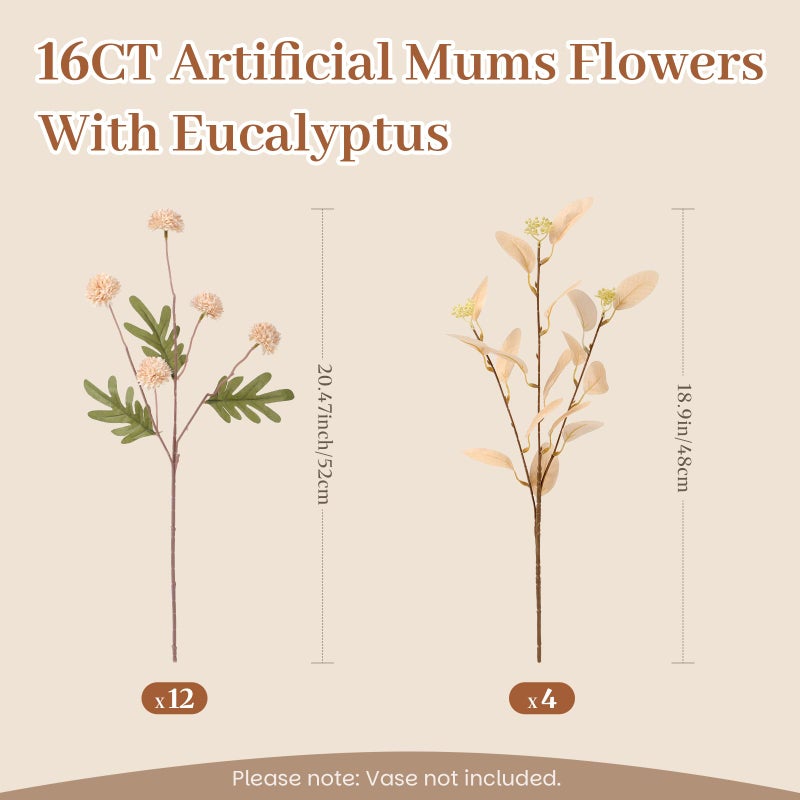 Alupssuc 16PCS Faux Silk Pompon Mums Artificial Flowers with Eucalyptus, Fake Chrysanthemum Floral for DIY Vase Arrangement, Long Stem Dining Table Centerpiece Home Decor, Beige - Image 2