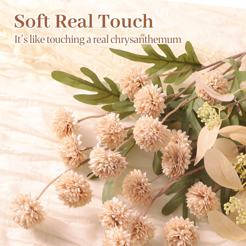 Alupssuc 16PCS Faux Silk Pompon Mums Artificial Flowers with Eucalyptus, Fake Chrysanthemum Floral for DIY Vase Arrangement, Long Stem Dining Table Centerpiece Home Decor, Beige - Image 5