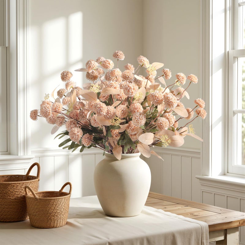 Alupssuc 16PCS Faux Silk Pompon Mums Artificial Flowers with Eucalyptus, Fake Chrysanthemum Floral for DIY Vase Arrangement, Long Stem Dining Table Centerpiece Home Decor, Beige - Image 3
