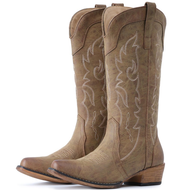 IUV Cowboy Boots for Women Mid Calf Fashion Cowgirl Boots with Embroidery Western Snip Toe - Image 1