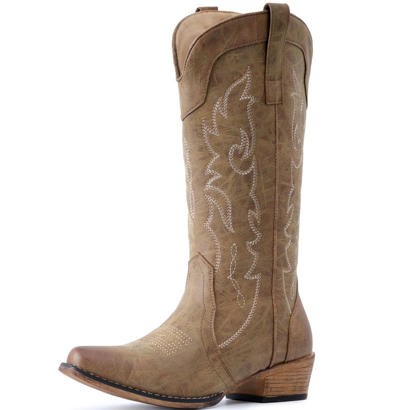 IUV Cowboy Boots for Women Mid Calf Fashion Cowgirl Boots with Embroidery Western Snip Toe - Image 4