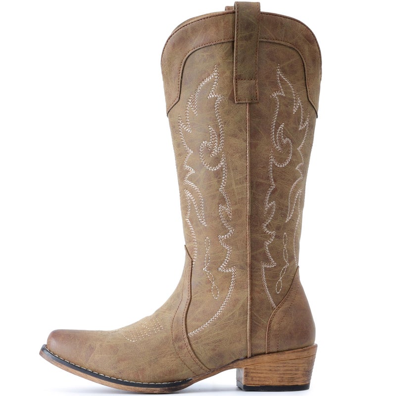 IUV Cowboy Boots for Women Mid Calf Fashion Cowgirl Boots with Embroidery Western Snip Toe - Image 5