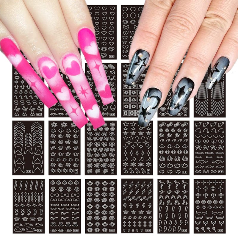 winthrop 24 Sheets Airbrush Stencils Nail Stickers for Nail Art, French Nail Decals Printing Template Stencil Tool Moon Stars Heart Butterfly French Design Hollow (154 Designs) - Image 1