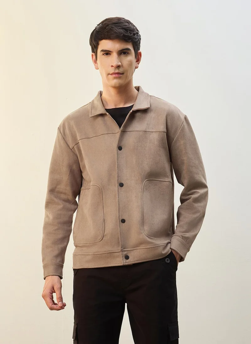 نوبيرو Nobero Suede Snap Button Jacket | Men’s Jacket | Regular Fit | Knitted Suede | Suede-Touch Smooth Finish | Snap-Button Closure with Side Pockets