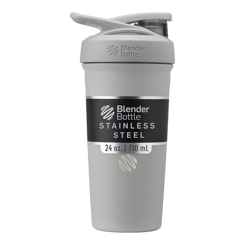 BlenderBottle Strada Shaker Cup Insulated Stainless Steel Water Bottle with Wire Whisk, 24-Ounce, Grey - Image 1