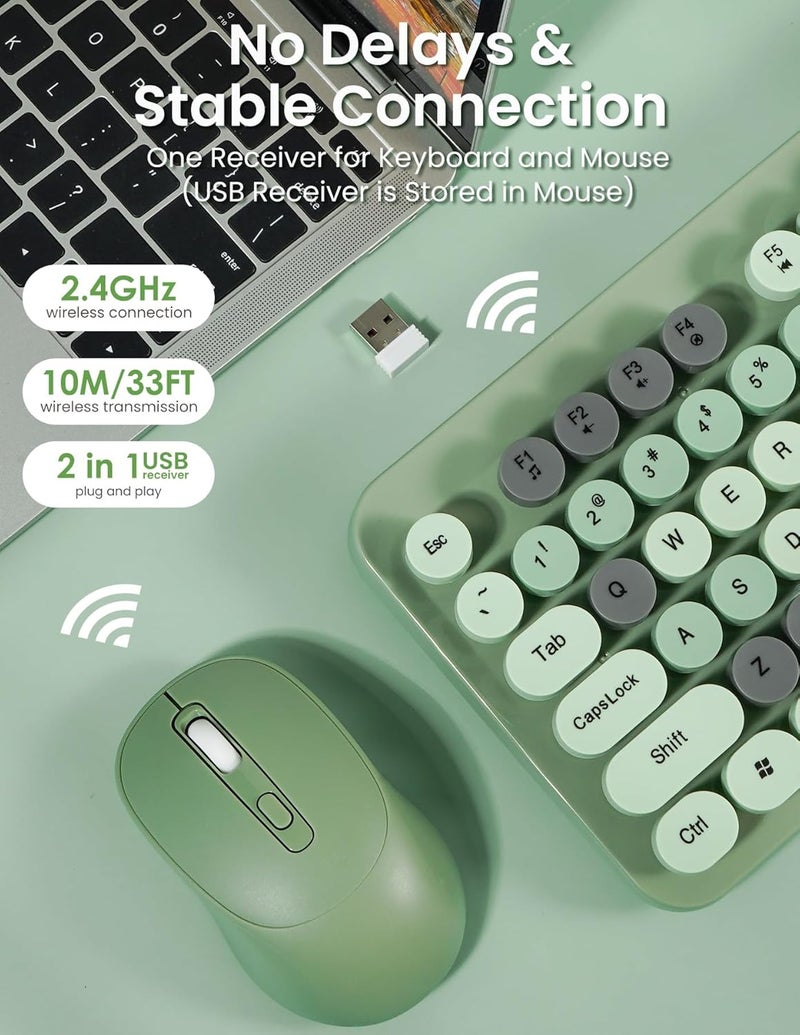 Nsyee Wireless Keyboard and Mouse Combo, 104 Round Keys Retro Full Size Keyboard and Mouse Set with 2.4GHz USB Receiver for PC/Laptop/Tablet/Computer/Windows, US Layout, Green - Image 3