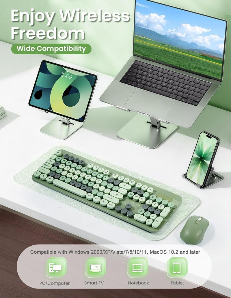 Nsyee Wireless Keyboard and Mouse Combo, 104 Round Keys Retro Full Size Keyboard and Mouse Set with 2.4GHz USB Receiver for PC/Laptop/Tablet/Computer/Windows, US Layout, Green - Image 2