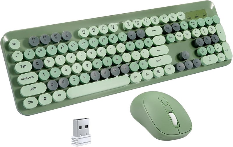 Nsyee Wireless Keyboard and Mouse Combo, 104 Round Keys Retro Full Size Keyboard and Mouse Set with 2.4GHz USB Receiver for PC/Laptop/Tablet/Computer/Windows, US Layout, Green - Image 1