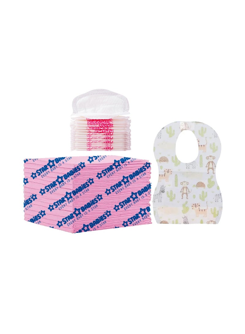 Star Babies Combo Pack (Changing mat 15pcs, Breast Pad 15pcs, Disposable Bibs 15pcs)-Pink - Image 1