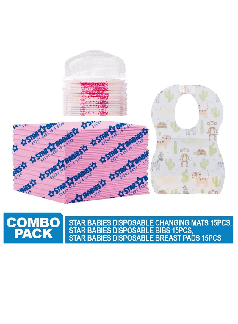 Star Babies Combo Pack (Changing mat 15pcs, Breast Pad 15pcs, Disposable Bibs 15pcs)-Pink - Image 2