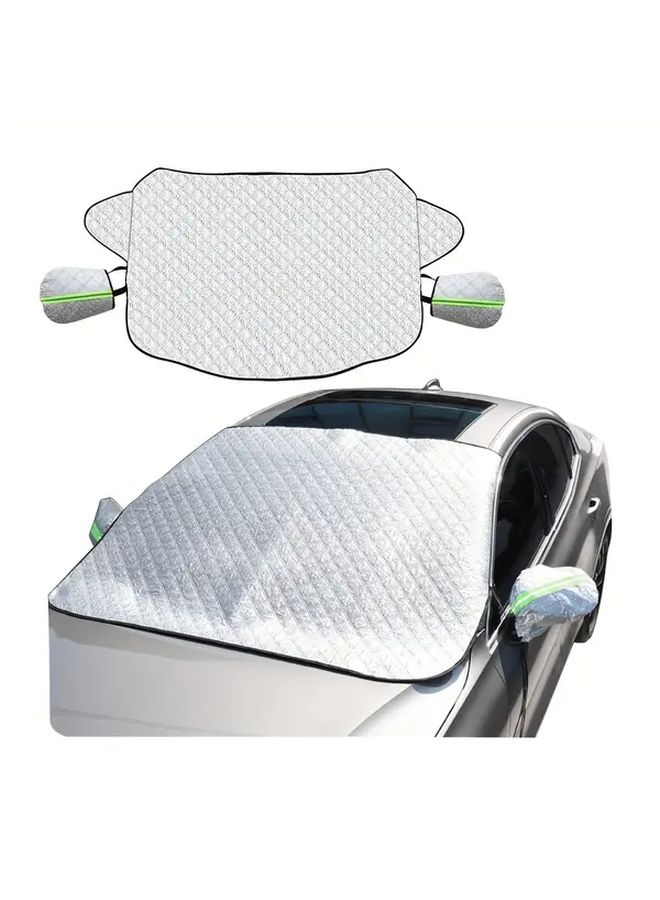Silvery All In One Car Windshield And Side Mirror Cover With Edges 4 Layer Heavy Duty Winter Snow Frost Protection Fit For Cars SUVs Trucks Heavy Snowfall Ice Hail Dust Proof Easy Storage Design Scratch Resistant Precise Cutouts For Wipers And Antennas Roll Up Closure For Secure Fit Suitable For Any Weather Includes Mirror Cover Durable And Stable Use Car Snow Protector Cover Foldable Windshield Snow Cover Car Accessories For Winter - Image 1