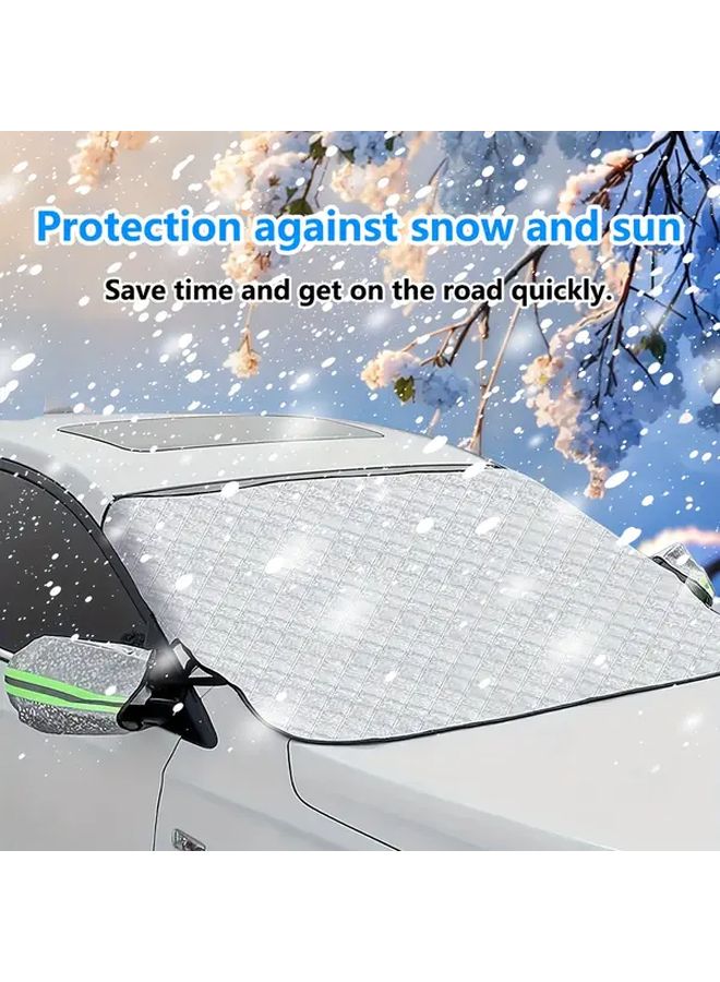 Silvery All In One Car Windshield And Side Mirror Cover With Edges 4 Layer Heavy Duty Winter Snow Frost Protection Fit For Cars SUVs Trucks Heavy Snowfall Ice Hail Dust Proof Easy Storage Design Scratch Resistant Precise Cutouts For Wipers And Antennas Roll Up Closure For Secure Fit Suitable For Any Weather Includes Mirror Cover Durable And Stable Use Car Snow Protector Cover Foldable Windshield Snow Cover Car Accessories For Winter - Image 2
