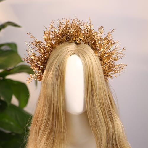 MOSTORY Flower Halo Crown Headband Handmade Fairy Goddess Hairband Floral Queen Crown for Women Party Festival Renaissance Renfaire Cosplay Photo Shoot Gold - Image 3