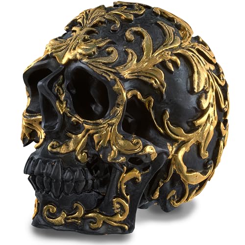 READAEER Small Size Human Skull Resin Statue Head Sculptures Skull Collectible Figurines (Black & Golden) - Image 1