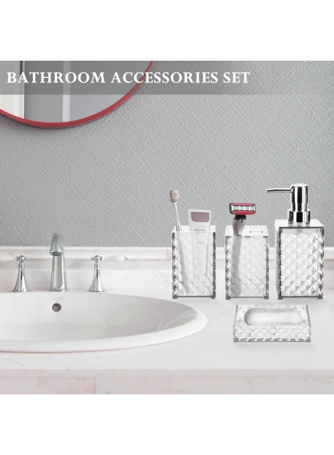 FUKE 4Pcs Bathroom Accessories Set Diamond Grid Plastic with Toothbrush Holder,Toothbrush Cup,Soap/Lotion Dispenser,Modern Bathroom Decor(White) - Image 5