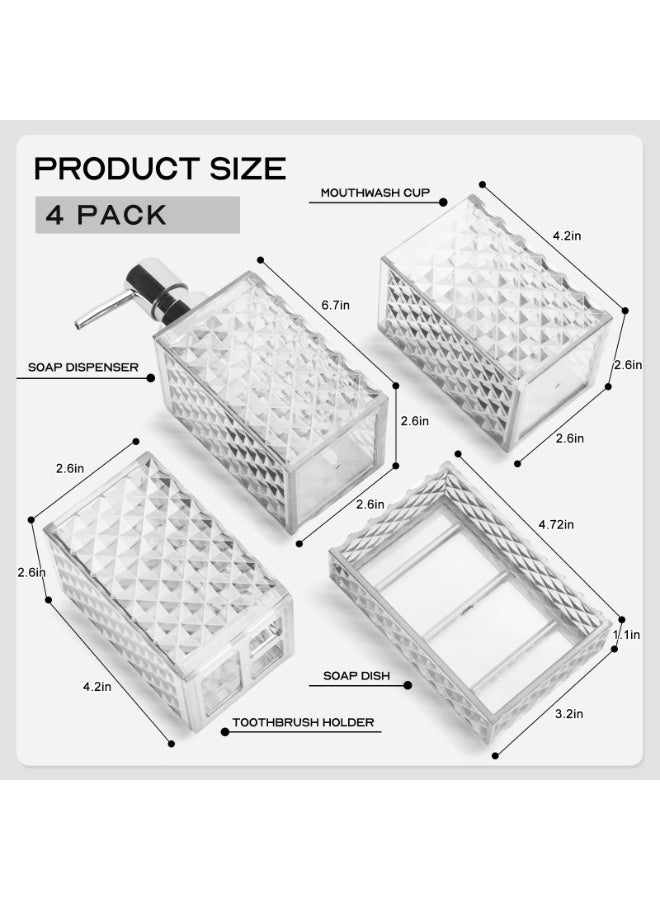 FUKE 4Pcs Bathroom Accessories Set Diamond Grid Plastic with Toothbrush Holder,Toothbrush Cup,Soap/Lotion Dispenser,Modern Bathroom Decor(White) - Image 2