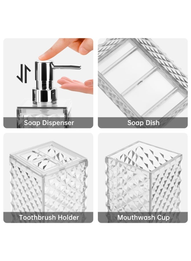 FUKE 4Pcs Bathroom Accessories Set Diamond Grid Plastic with Toothbrush Holder,Toothbrush Cup,Soap/Lotion Dispenser,Modern Bathroom Decor(White) - Image 3
