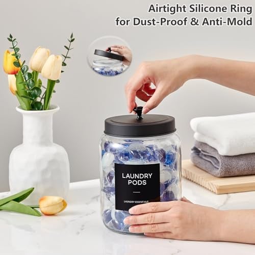 MUVEKA Glass Jars Laundry Containers with Lid, 0.5 Gallon Laundry Organization and Storage Jars, Laundry Detergent Container Laundry Powder Pods Holder, Glass Jar Wide Mouth with Scoops, Labels, 4 Pack - Image 2