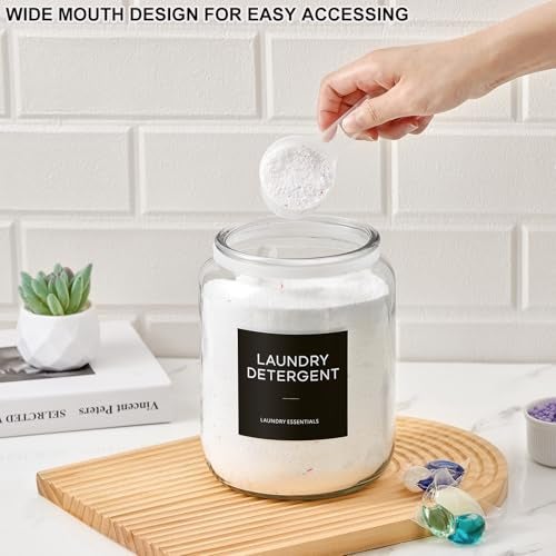 MUVEKA Glass Jars Laundry Containers with Lid, 0.5 Gallon Laundry Organization and Storage Jars, Laundry Detergent Container Laundry Powder Pods Holder, Glass Jar Wide Mouth with Scoops, Labels, 4 Pack - Image 3