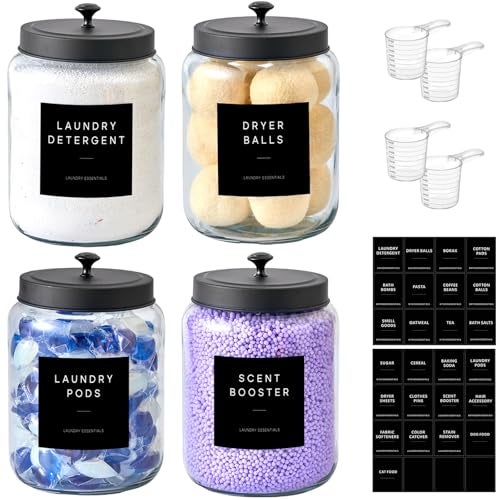 MUVEKA Glass Jars Laundry Containers with Lid, 0.5 Gallon Laundry Organization and Storage Jars, Laundry Detergent Container Laundry Powder Pods Holder, Glass Jar Wide Mouth with Scoops, Labels, 4 Pack - Image 1