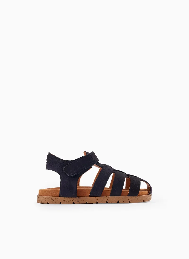Zippy Leather Strappy Sandals for Boys, Dark Blue