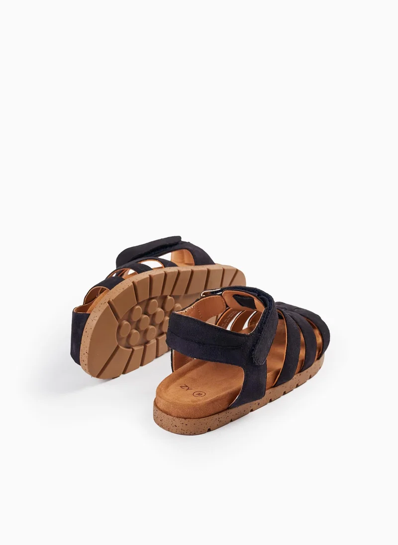 Zippy Leather Strappy Sandals for Boys, Dark Blue