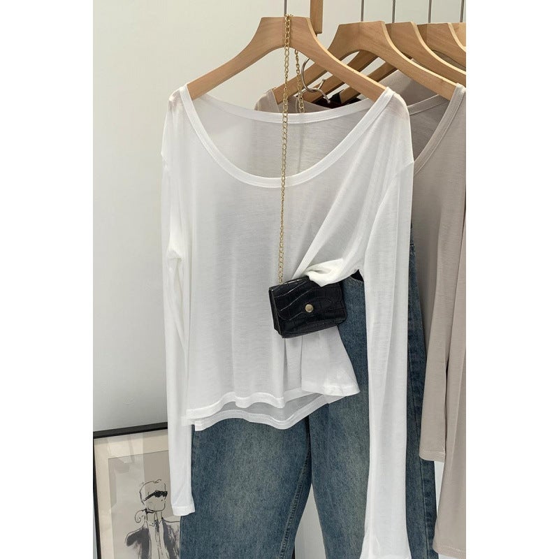 Wear Lyocell Skin-Friendly U-Collar Long-Sleeved Sunscreen Base Shirt Women'S Early Autumn Loose Slim T-Shirt - Image 4