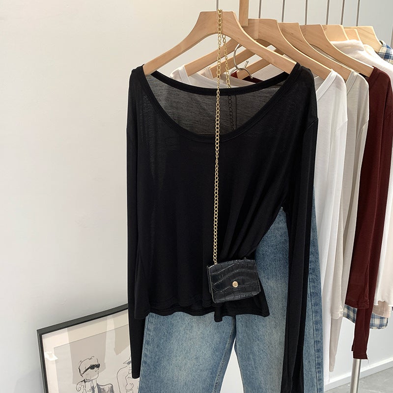 Wear Lyocell Skin-Friendly U-Collar Long-Sleeved Sunscreen Base Shirt Women'S Early Autumn Loose Slim T-Shirt - Image 1