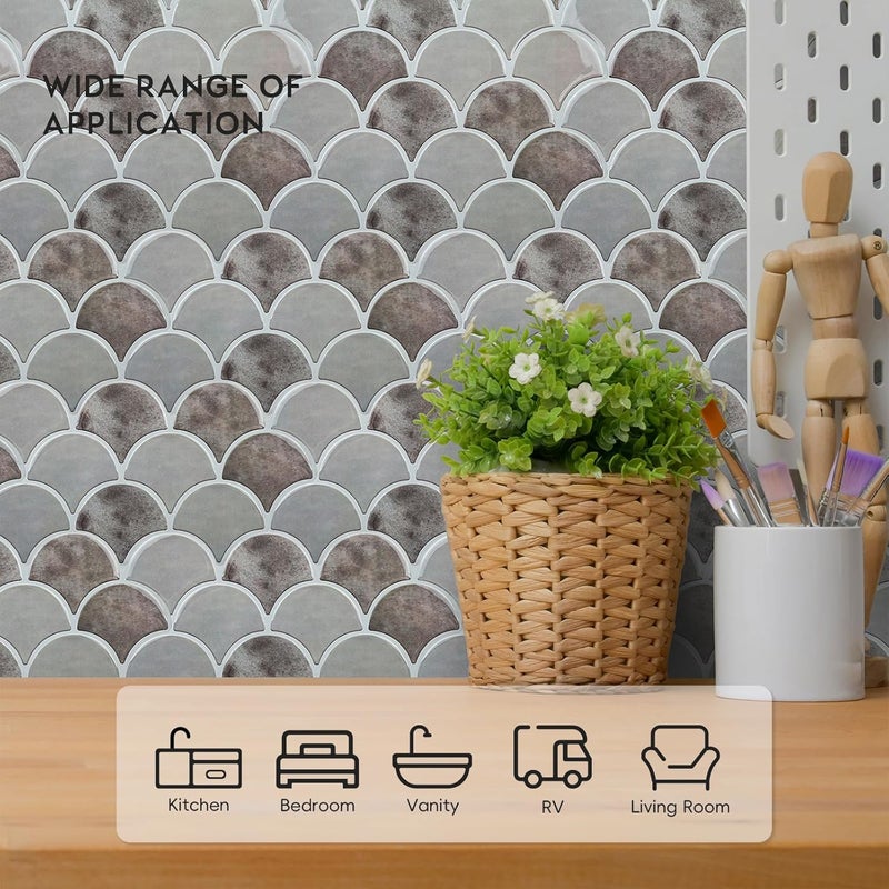 Homeart بلاط خلفية قابل للتقشير واللصق على شكل سمكة 10x 10 3D ذات لاصق ذاتي بلاط خلفية قشري للصق على الجدران لحمام المطبخ 10 أوراق رمادي - Image 4