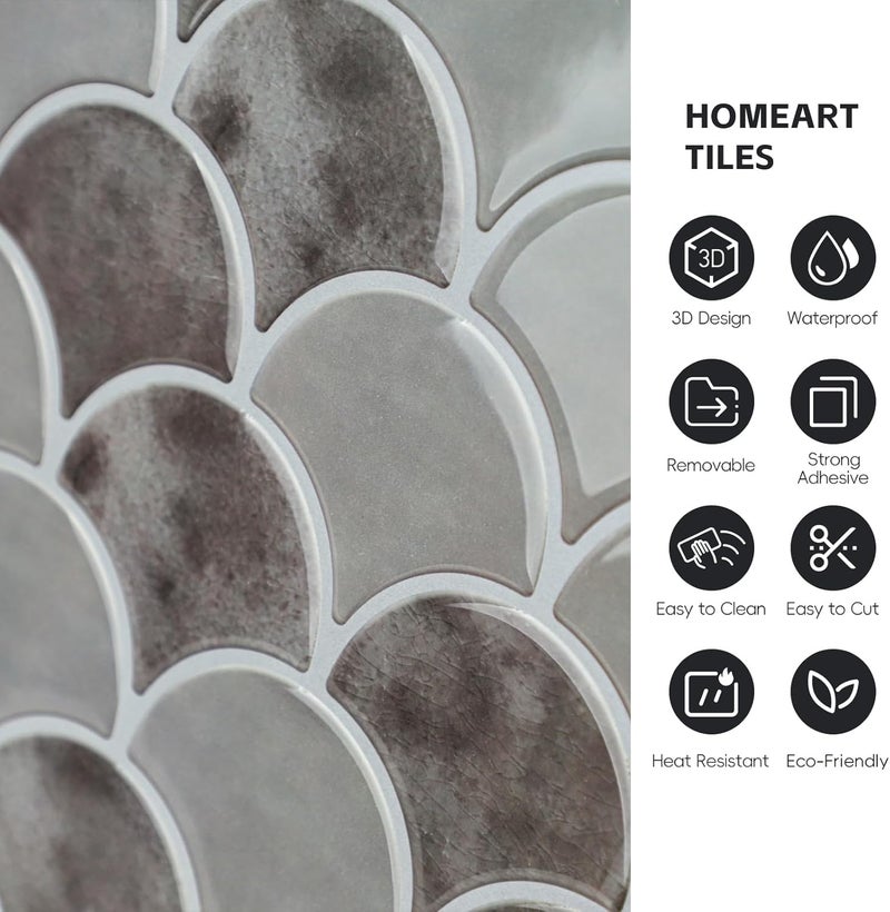 Homeart بلاط خلفية قابل للتقشير واللصق على شكل سمكة 10x 10 3D ذات لاصق ذاتي بلاط خلفية قشري للصق على الجدران لحمام المطبخ 10 أوراق رمادي - Image 3