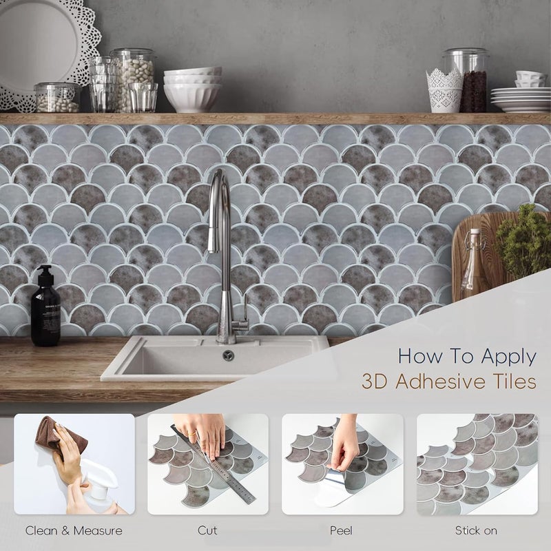 Homeart بلاط خلفية قابل للتقشير واللصق على شكل سمكة 10x 10 3D ذات لاصق ذاتي بلاط خلفية قشري للصق على الجدران لحمام المطبخ 10 أوراق رمادي - Image 5