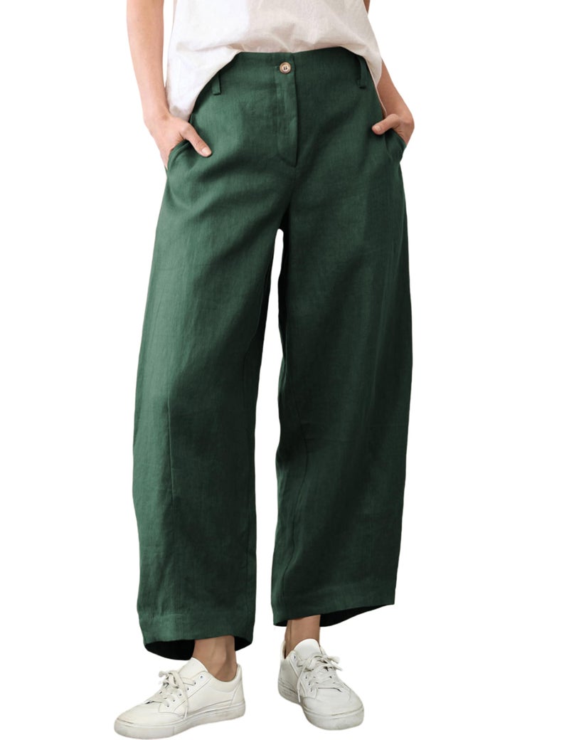 Tanming Womens Linen Pants Casual Capri Baggy Wide Leg Trousers Palazzo Pants Beach Vacation Outfits (ArmyGreen-XL) - Image 1