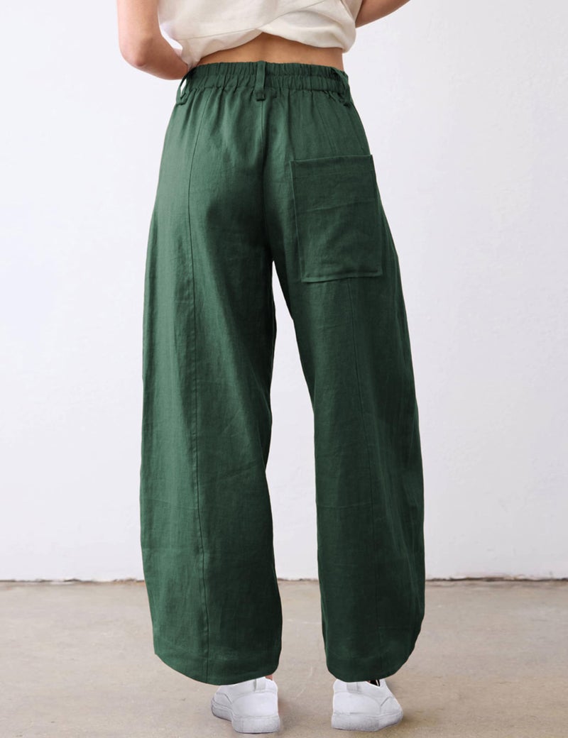 Tanming Womens Linen Pants Casual Capri Baggy Wide Leg Trousers Palazzo Pants Beach Vacation Outfits (ArmyGreen-XL) - Image 3
