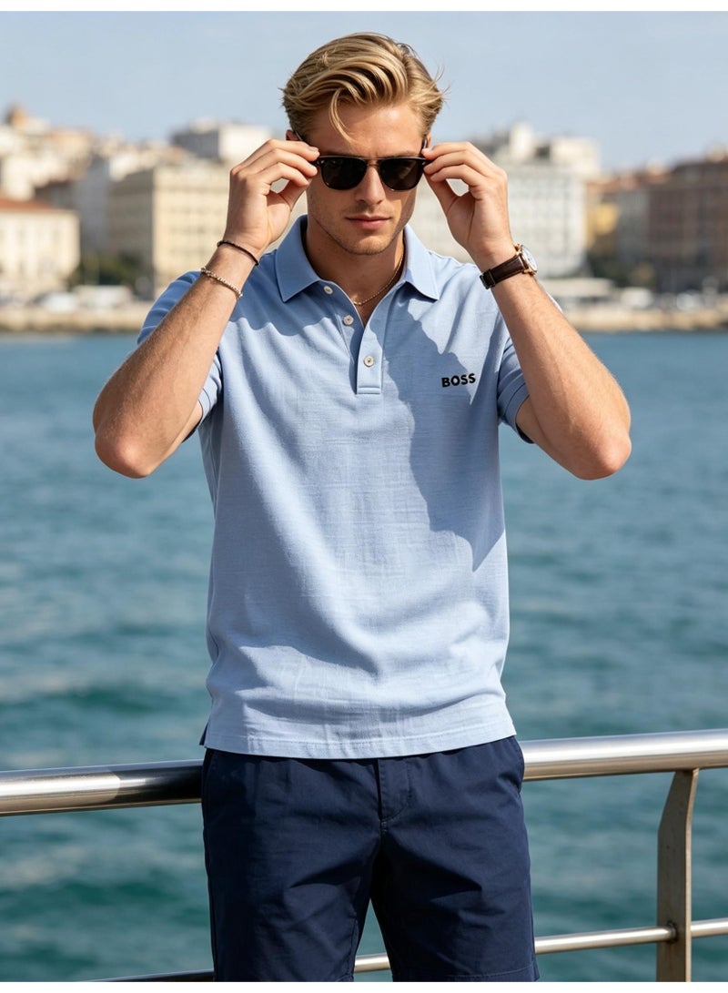 BOSS Men Short Sleeve Collared Polo Shirt Summer Beach Daily Office Casual Top Sky Light Blue - Image 4