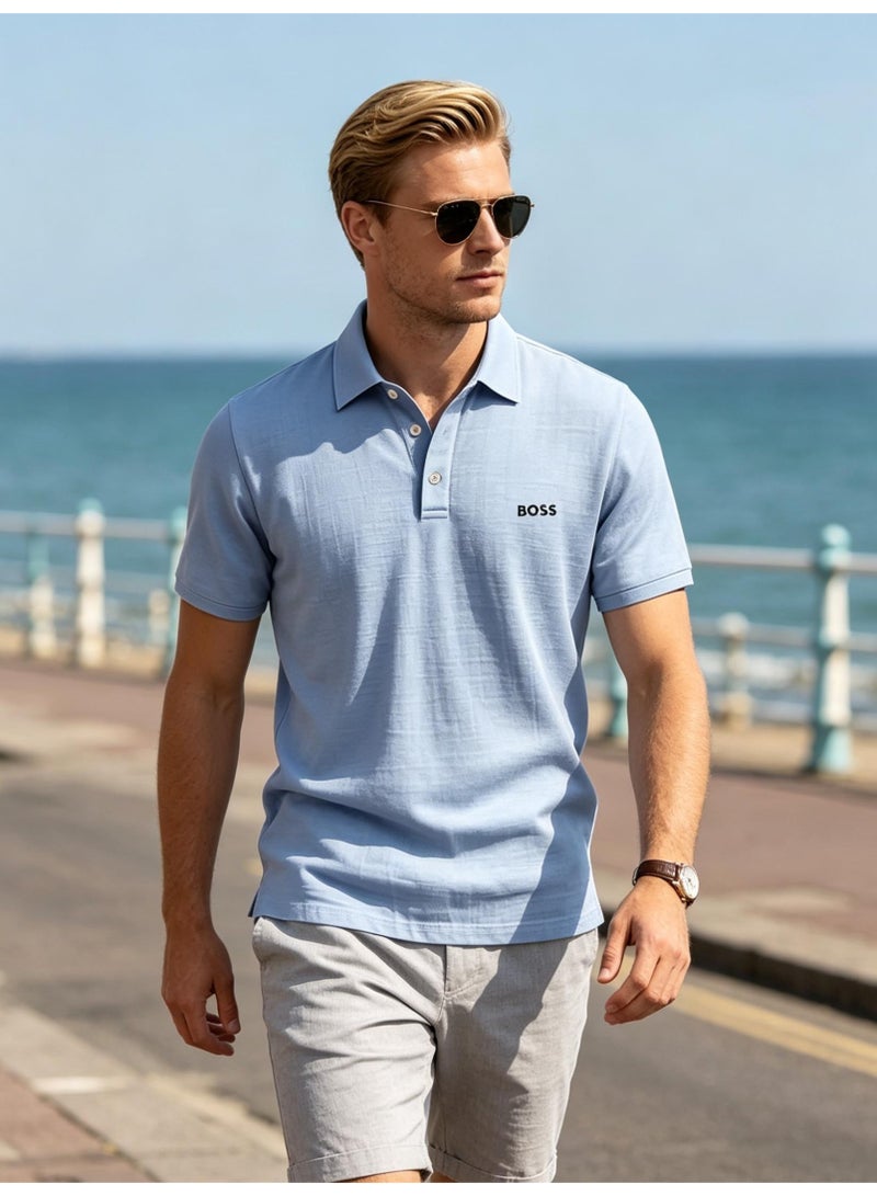 BOSS Men Short Sleeve Collared Polo Shirt Summer Beach Daily Office Casual Top Sky Light Blue - Image 1