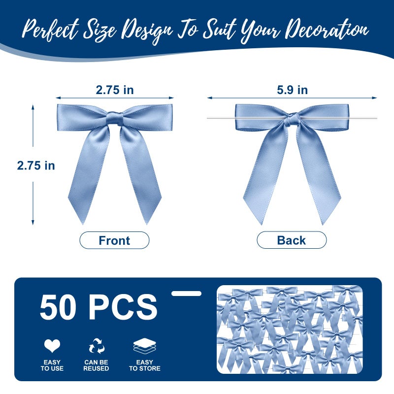 Sokfone Satin Ribbon Dusty Blue Bow Decor 2.5" Premade Dusty Blue Twist Tie Bows for Gift Wrapping Bow for Treat Bags Party Favors Wedding Decorations - 50 Counts - Image 3