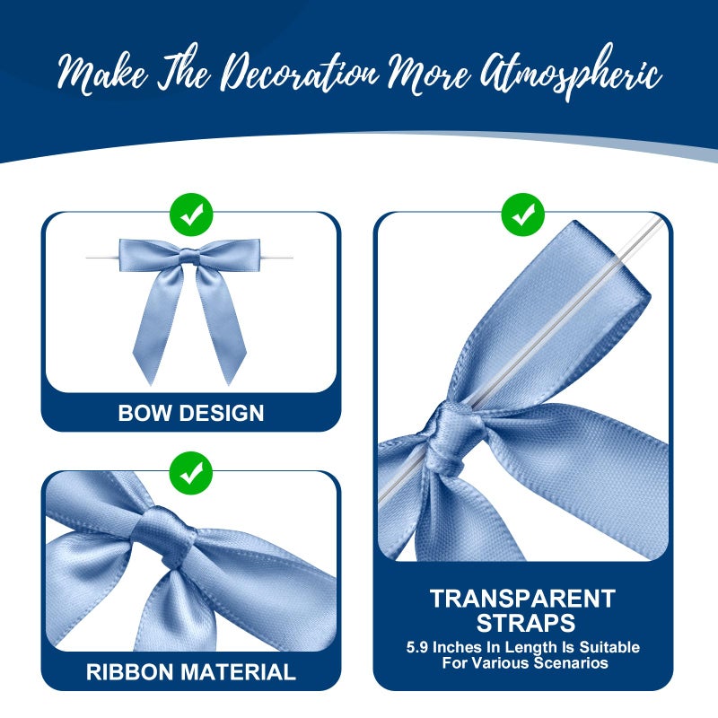 Sokfone Satin Ribbon Dusty Blue Bow Decor 2.5" Premade Dusty Blue Twist Tie Bows for Gift Wrapping Bow for Treat Bags Party Favors Wedding Decorations - 50 Counts - Image 4