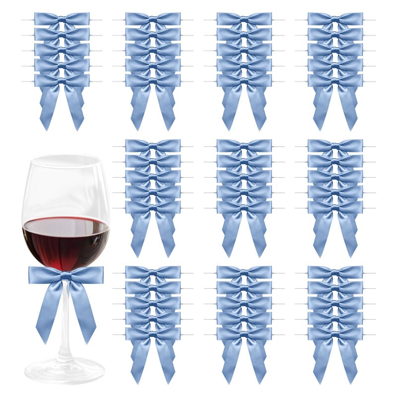 Sokfone Satin Ribbon Dusty Blue Bow Decor 2.5" Premade Dusty Blue Twist Tie Bows for Gift Wrapping Bow for Treat Bags Party Favors Wedding Decorations - 50 Counts - Image 1